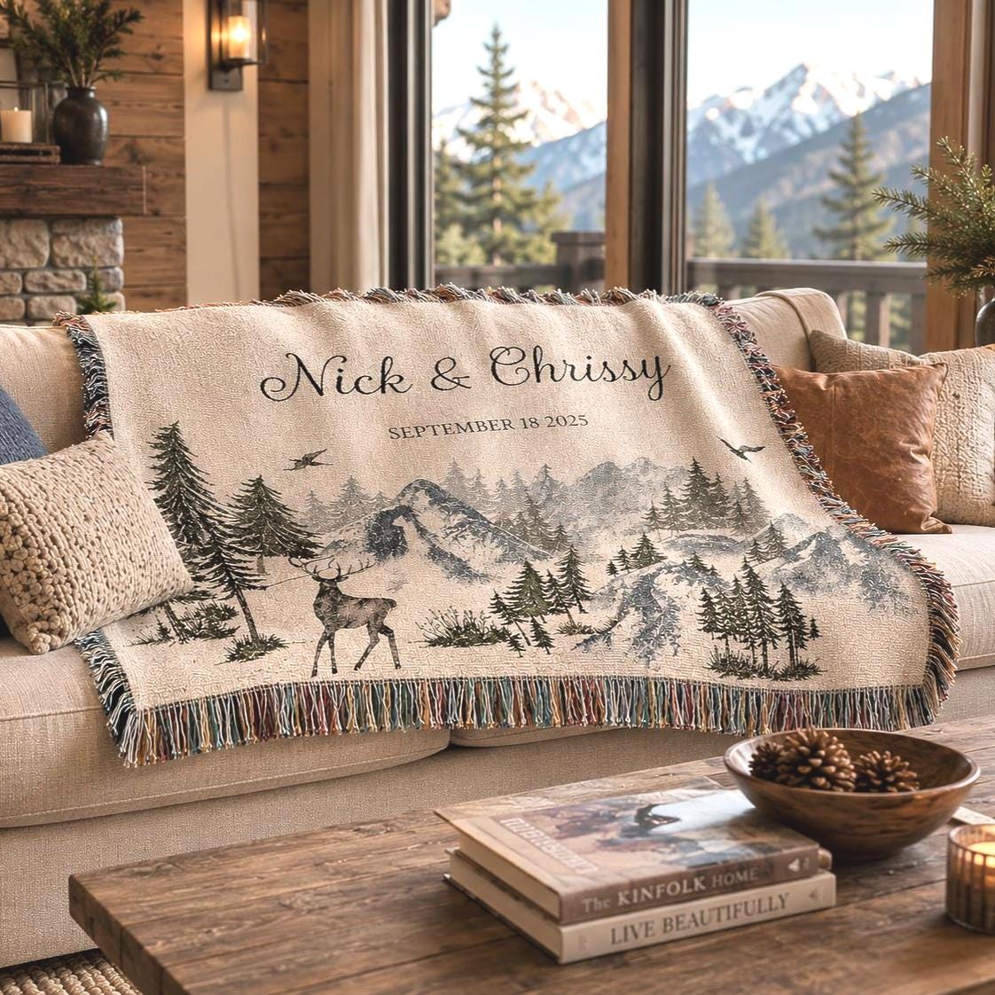 Outdoorsy Couple Blanket Nature Lovers Engagement Gift Adventure Couples Anniversary Personalized Mountain Woven Cotton Fringe Throw Blanket - product image 4