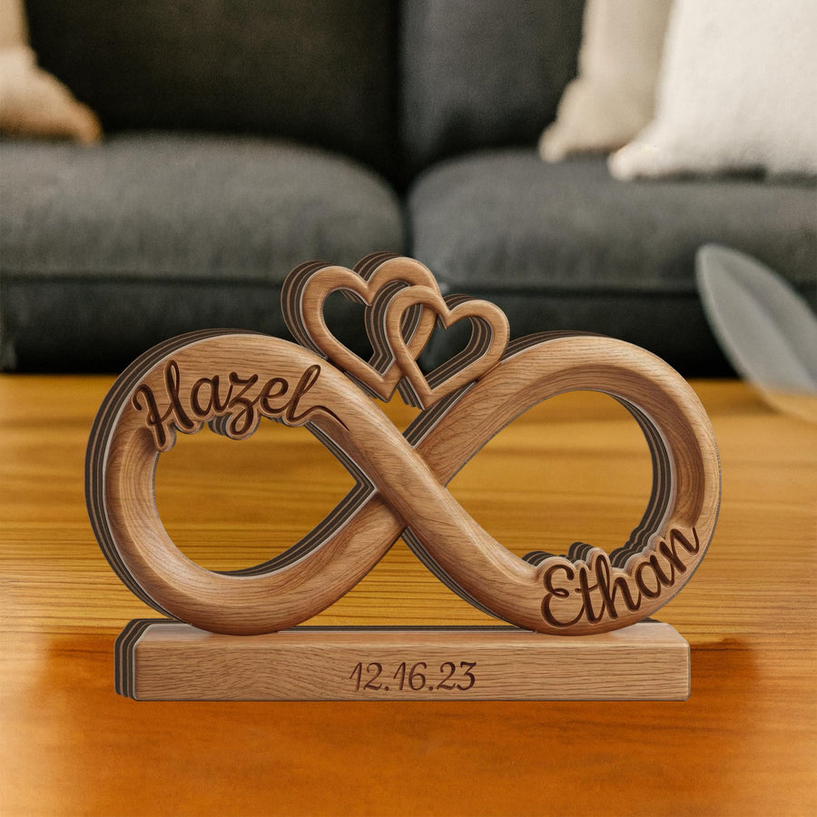 Personalized Wooden Infinity Sign: Custom Couple Names, Interlocking Hearts, Date - main product image