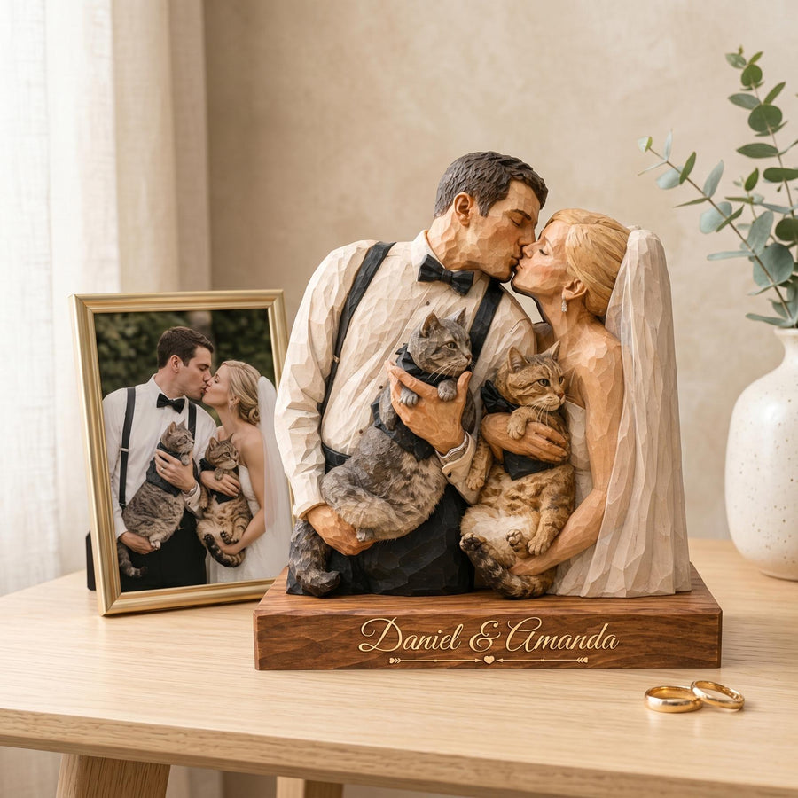 Personalized Wedding Photo Wooden Sign, Custom Couple Portrait With Pets, Bride Groom Keepsake, Anniversary Gift for Pet Lover Couple Gift - main product image