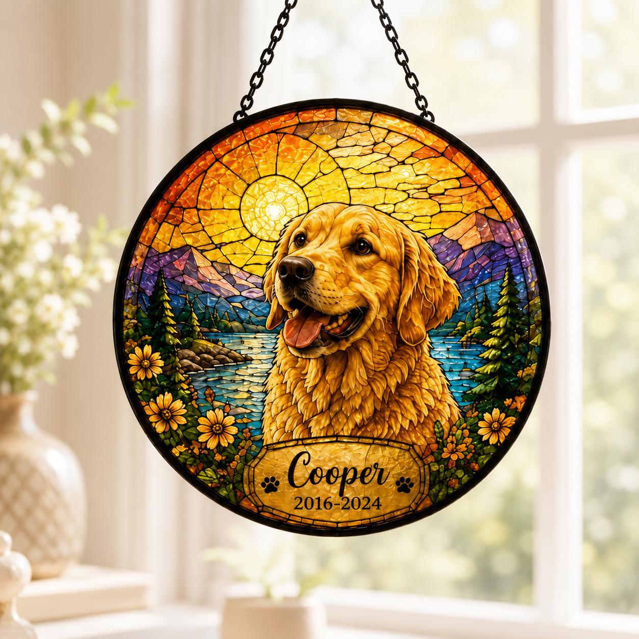 Personalized Pet Memorial Suncatcher, Custom Dog Cat Portrait Stained Glass Window Hanging, Add Name Date, Pet Loss Gift - main product image