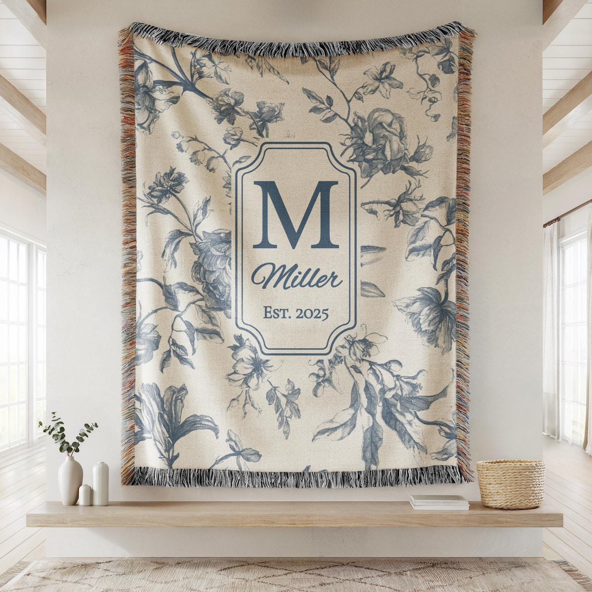 Personalized Cotton Anniversary Woven Blanket Custom Monogram Throw 2nd Anniversary Gift for Couple Floral Toile Housewarming Present - product image 12