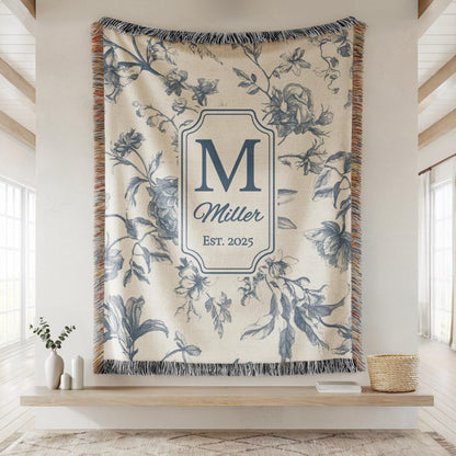 Personalized Cotton Anniversary Woven Blanket Custom Monogram Throw 2nd Anniversary Gift for Couple Floral Toile Housewarming Present - product image 12