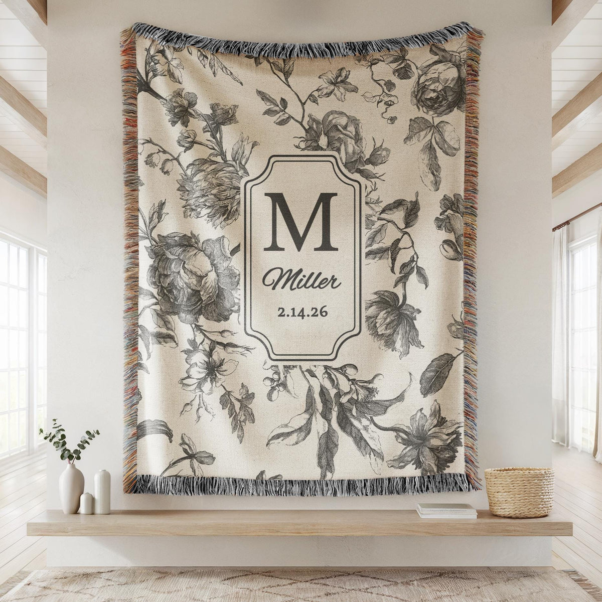 Personalized Cotton Anniversary Woven Blanket Custom Monogram Throw 2nd Anniversary Gift for Couple Floral Toile Housewarming Present - product image 14