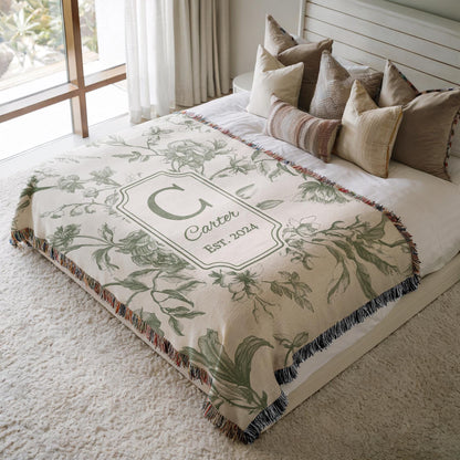 Personalized Cotton Anniversary Woven Blanket Custom Monogram Throw 2nd Anniversary Gift for Couple Floral Toile Housewarming Present - product image 9