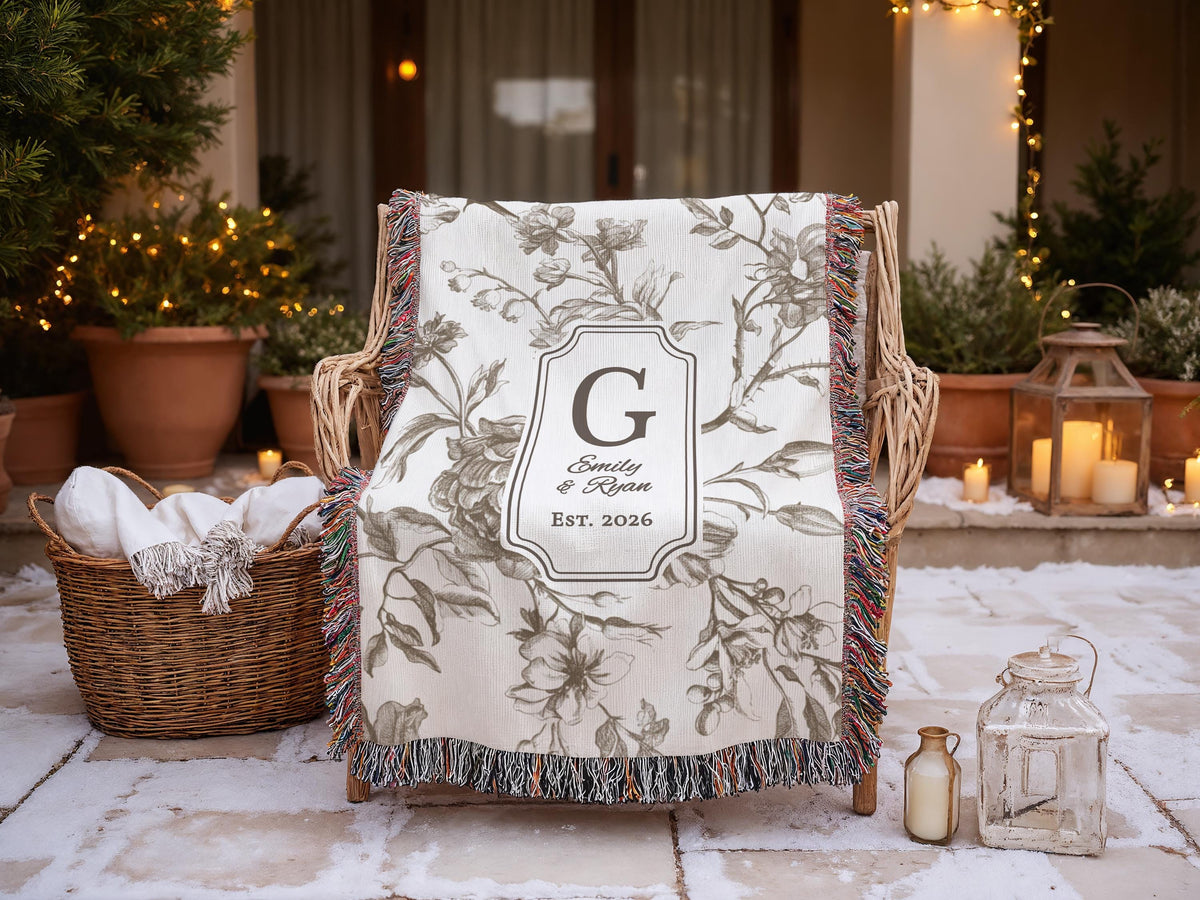 Personalized Cotton Anniversary Woven Blanket Custom Monogram Throw 2nd Anniversary Gift for Couple Floral Toile Housewarming Present - product image 16