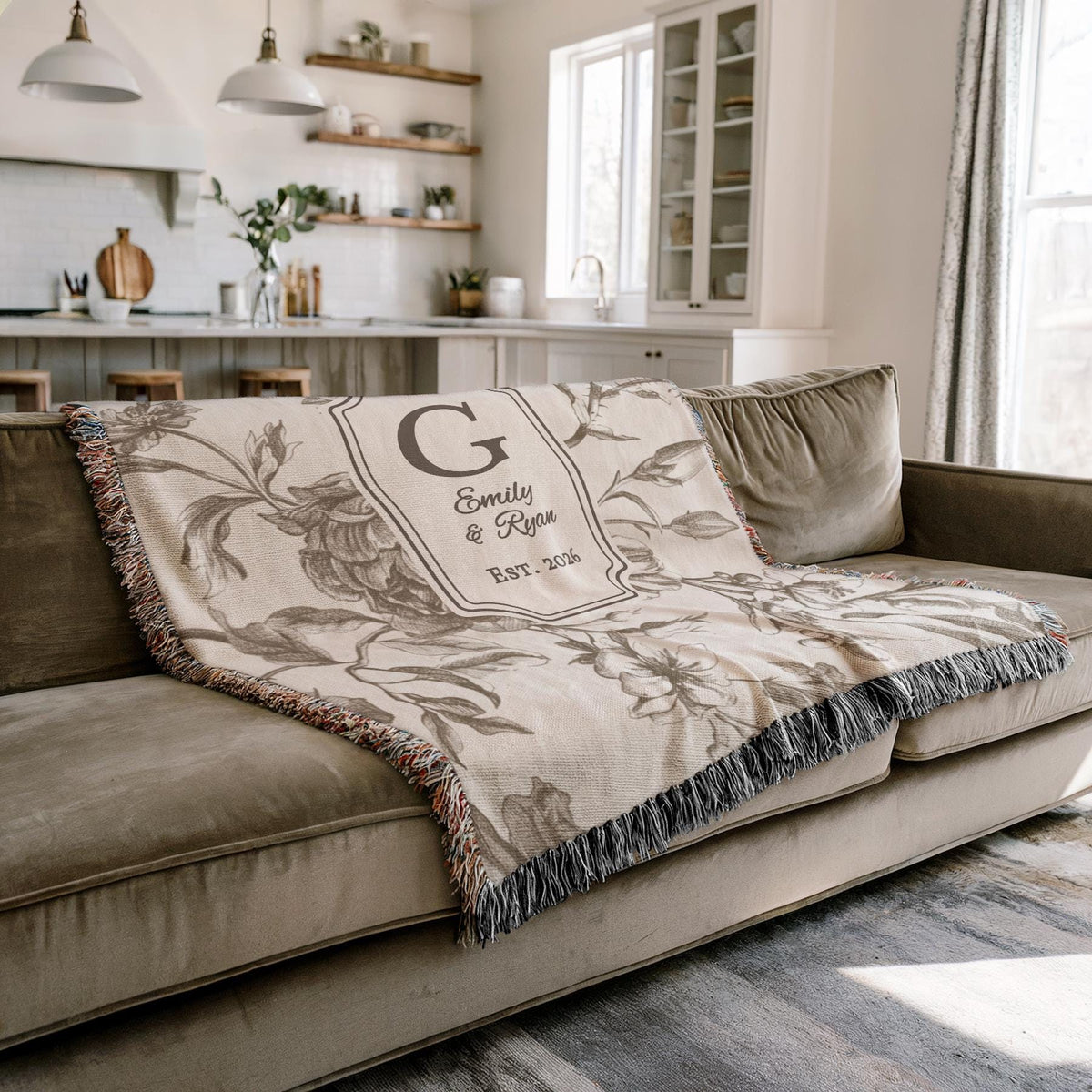 Personalized Cotton Anniversary Woven Blanket Custom Monogram Throw 2nd Anniversary Gift for Couple Floral Toile Housewarming Present - product image 10