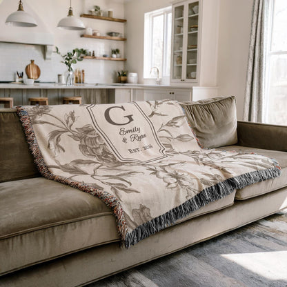 Personalized Cotton Anniversary Woven Blanket Custom Monogram Throw 2nd Anniversary Gift for Couple Floral Toile Housewarming Present - product image 10
