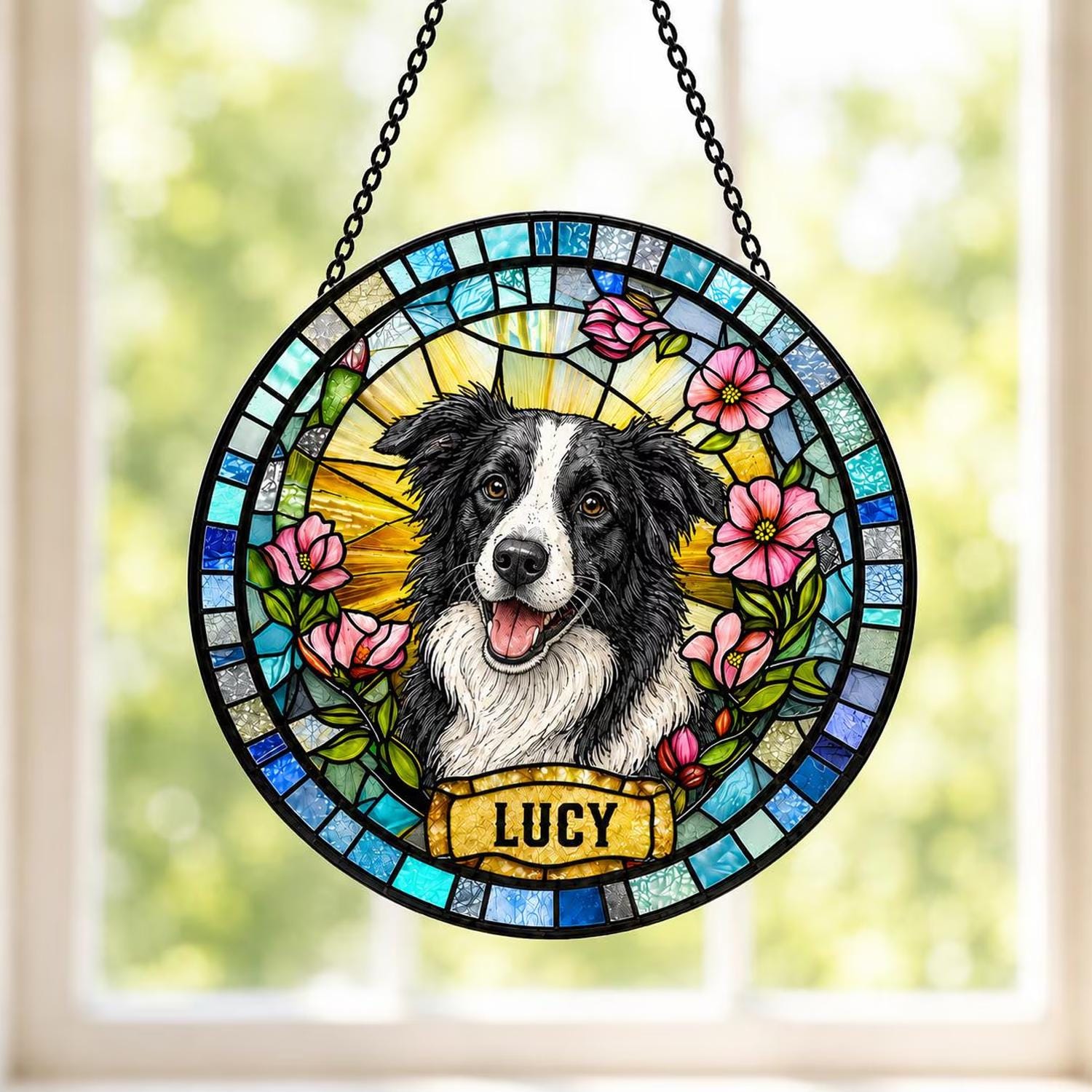 Personalized Dog Portrait Stained Glass Suncatcher, Custom Pet Memorial Stained Glass Photo Suncatcher, Dog Loss Keepsake, Pet Loss Gift - main product image