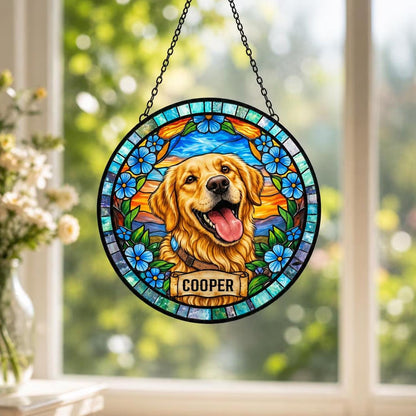 Personalized Dog Portrait Stained Glass Suncatcher, Custom Pet Memorial Stained Glass Photo Suncatcher, Dog Loss Keepsake, Pet Loss Gift - main product image