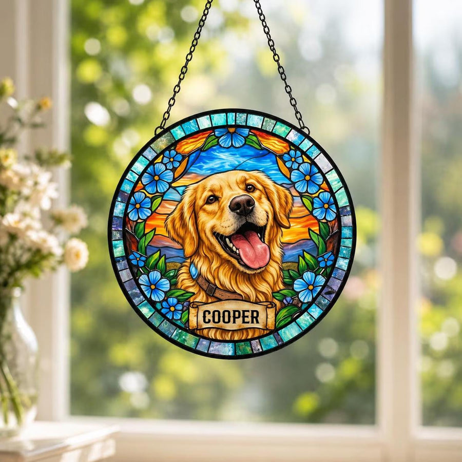 Personalized Dog Portrait Stained Glass Suncatcher, Custom Pet Memorial Stained Glass Photo Suncatcher, Dog Loss Keepsake, Pet Loss Gift - main product image