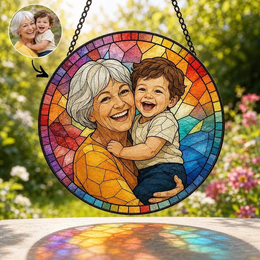 Personalized Family Portrait Stained Glass Suncatcher, Custom Memorial Gift from Photo, Healing Window Art for Cherished Memories - main product image