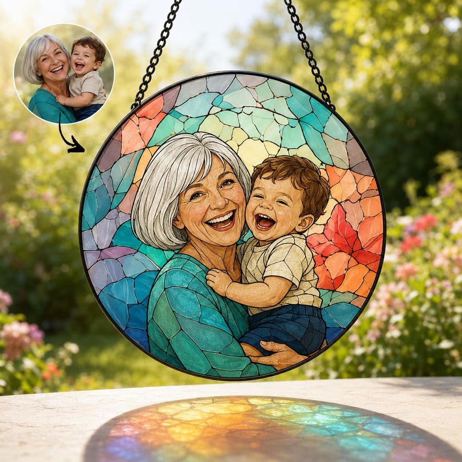 Personalized Family Portrait Stained Glass Suncatcher, Custom Memorial Gift from Photo, Healing Window Art for Cherished Memories - main product image