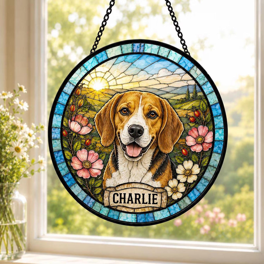 Personalized Dog Portrait Stained Glass Suncatcher, Custom Pet Memorial Stained Glass Photo Suncatcher, Dog Loss Keepsake, Pet Loss Gift - main product image