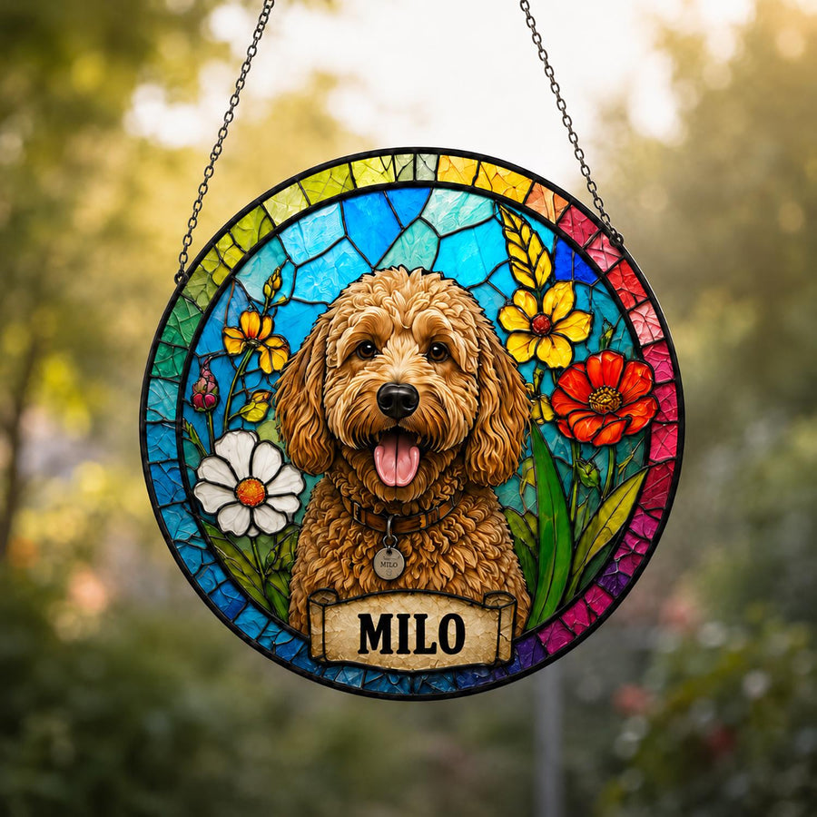 Personalized Dog Portrait Stained Glass Suncatcher, Custom Pet Memorial Stained Glass Photo Suncatcher, Dog Loss Keepsake, Pet Loss Gift - main product image