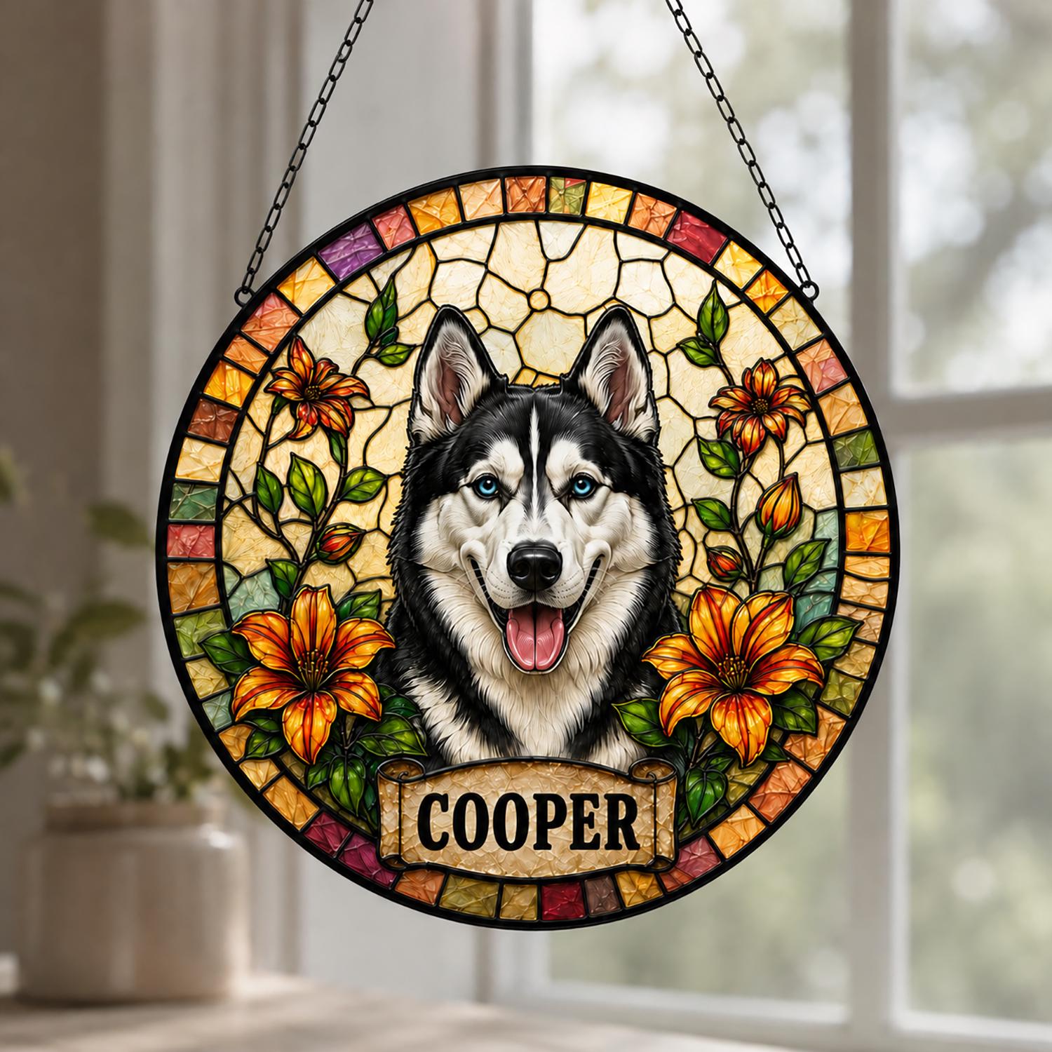 Personalized Dog Portrait Stained Glass Suncatcher, Custom Pet Memorial Stained Glass Photo Suncatcher, Dog Loss Keepsake, Pet Loss Gift - product image 4