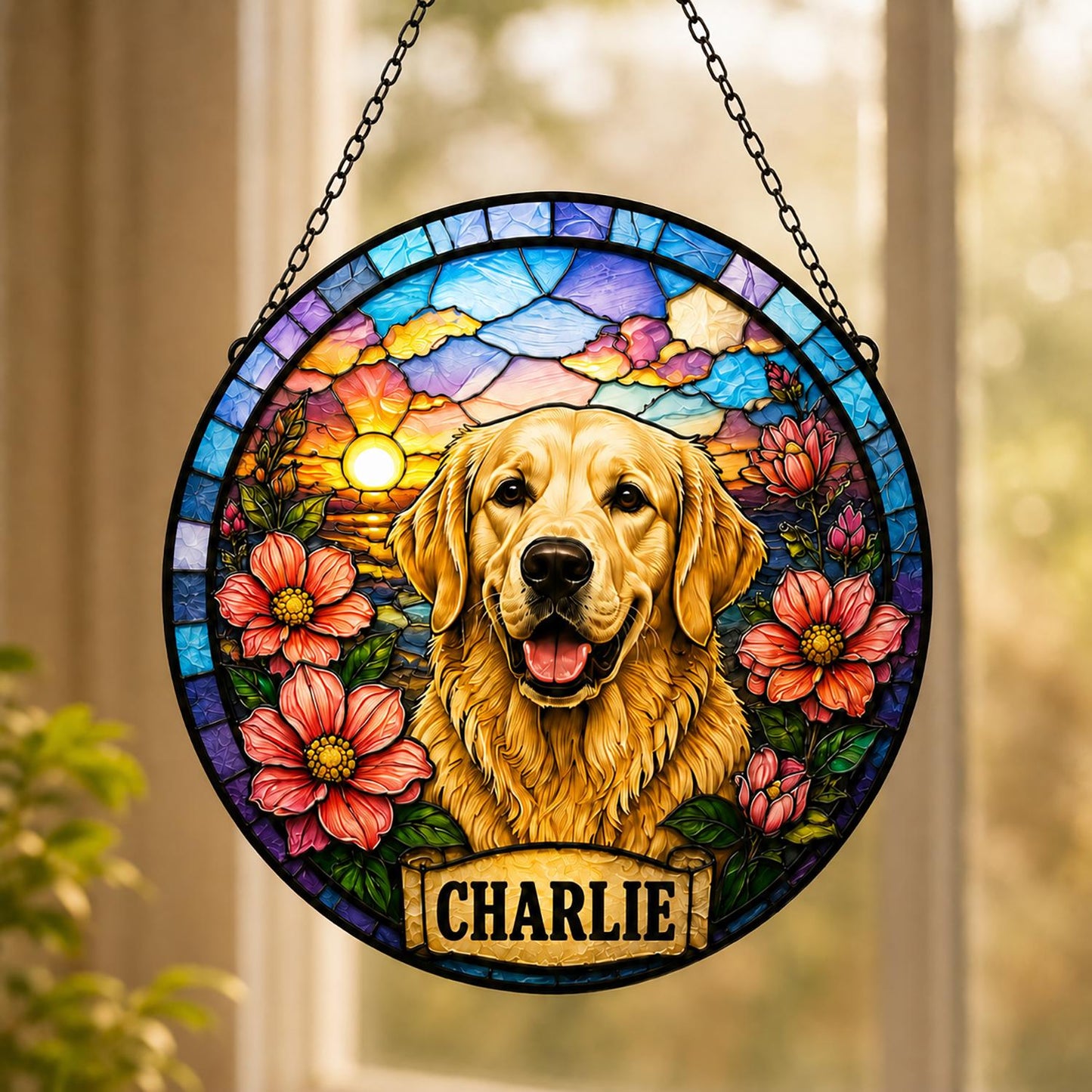 Personalized Dog Portrait Stained Glass Suncatcher, Custom Pet Memorial Stained Glass Photo Suncatcher, Dog Loss Keepsake, Pet Loss Gift - product image 2