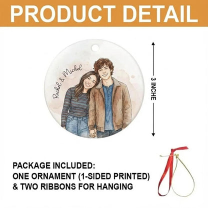 Personalized Photo Ceramic Ornament, Custom Watercolor Couple Portrait, First Christmas Married Gift, Newlywed Keepsake - product image 3