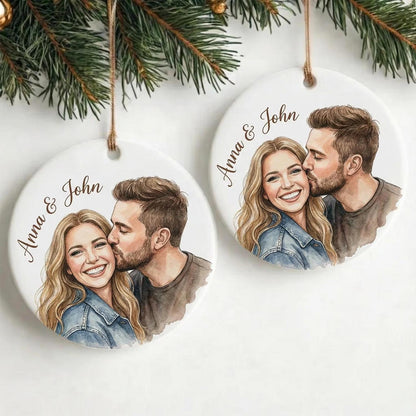Personalized Photo Ceramic Ornament, Custom Watercolor Couple Portrait, First Christmas Married Gift, Newlywed Keepsake - product image 4