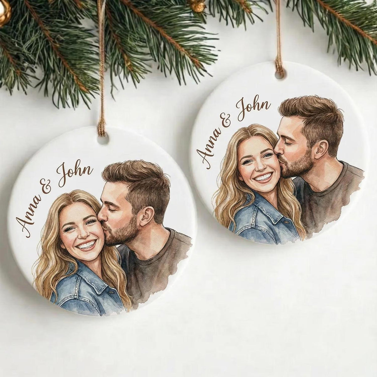 Personalized Photo Ceramic Ornament, Custom Watercolor Couple Portrait, First Christmas Married Gift, Newlywed Keepsake - product image 4