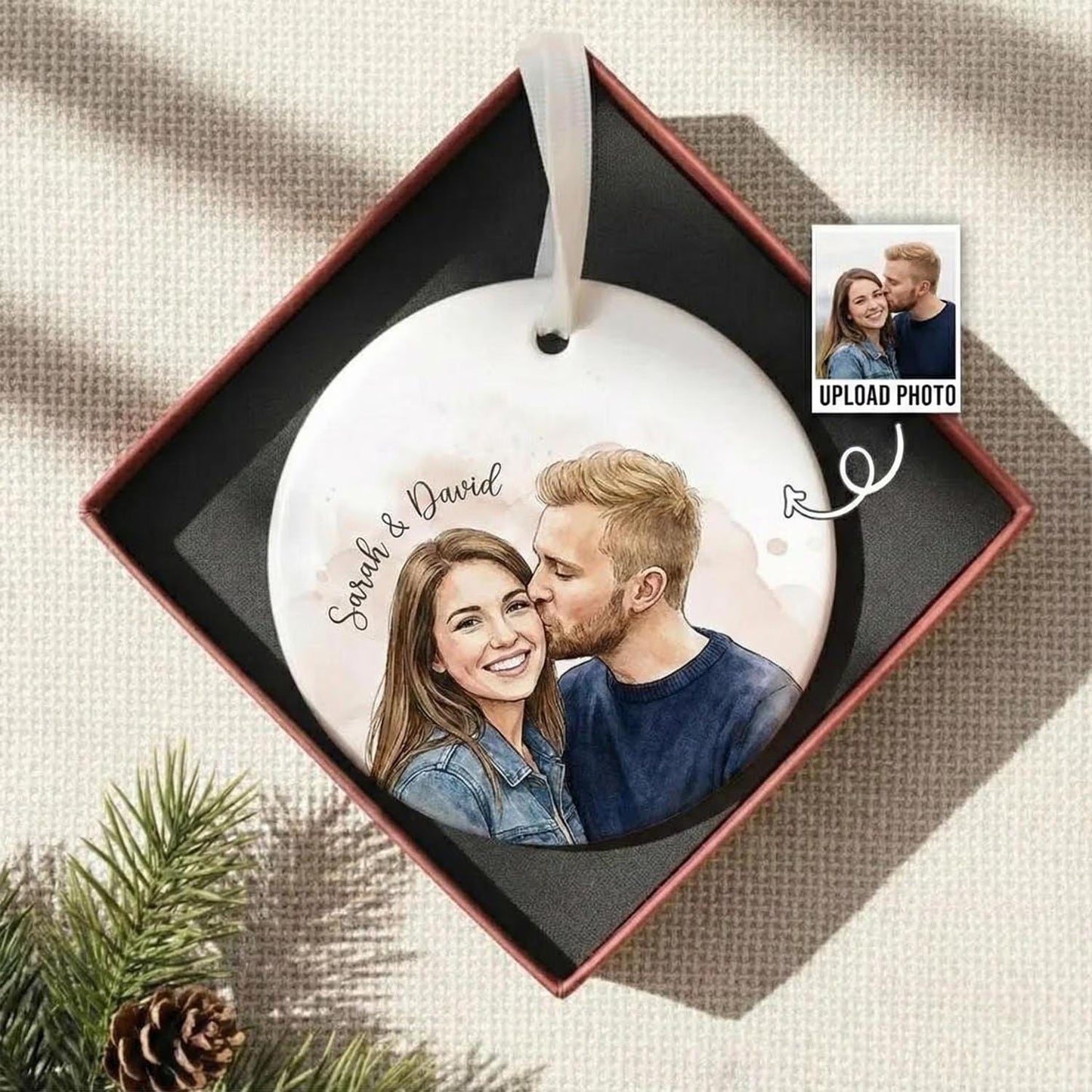 Personalized Photo Ceramic Ornament, Custom Watercolor Couple Portrait, First Christmas Married Gift, Newlywed Keepsake - product image 5