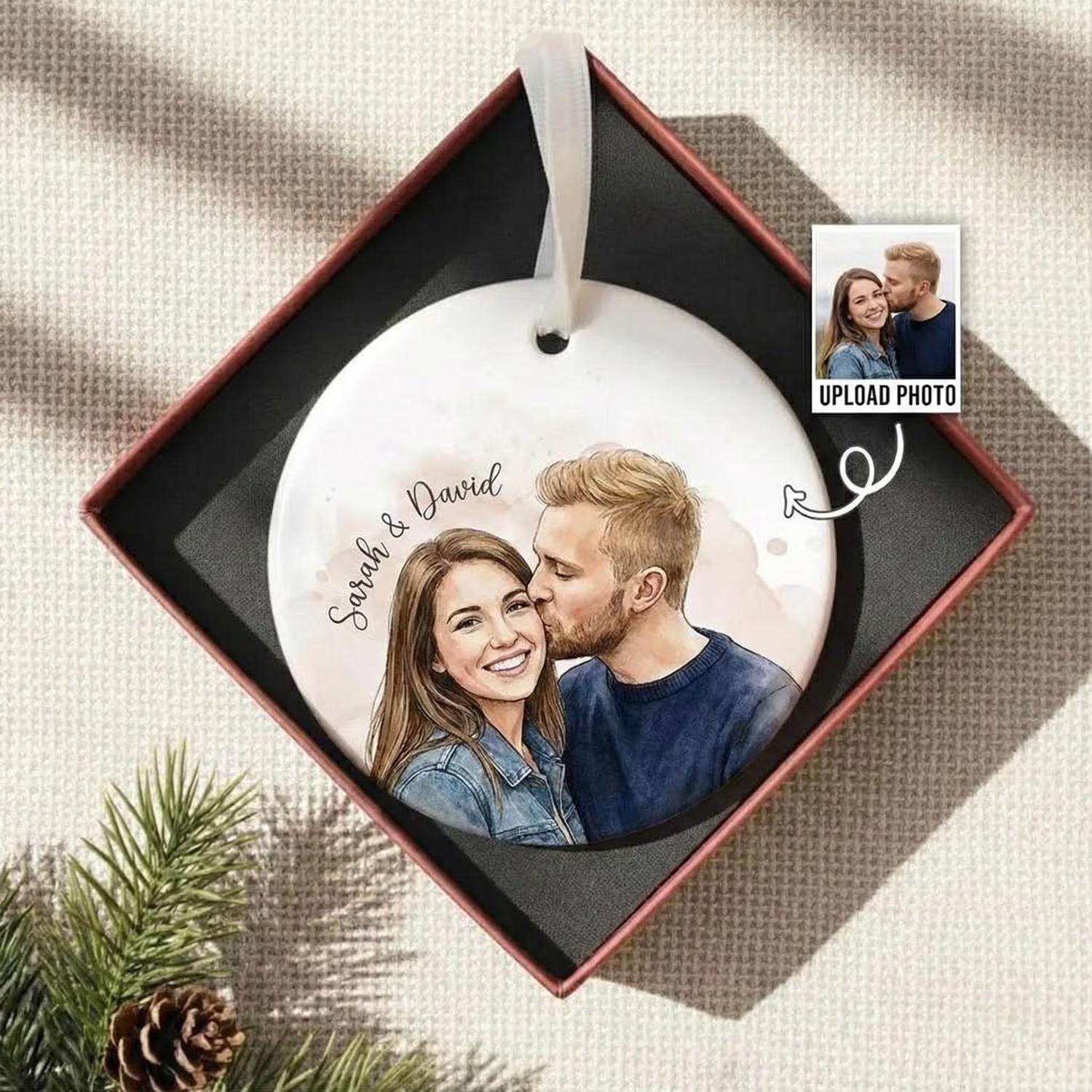 Personalized Photo Ceramic Ornament, Custom Watercolor Couple Portrait, First Christmas Married Gift, Newlywed Keepsake - product image 5