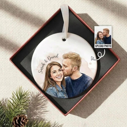 Personalized Photo Ceramic Ornament, Custom Watercolor Couple Portrait, First Christmas Married Gift, Newlywed Keepsake - product image 5