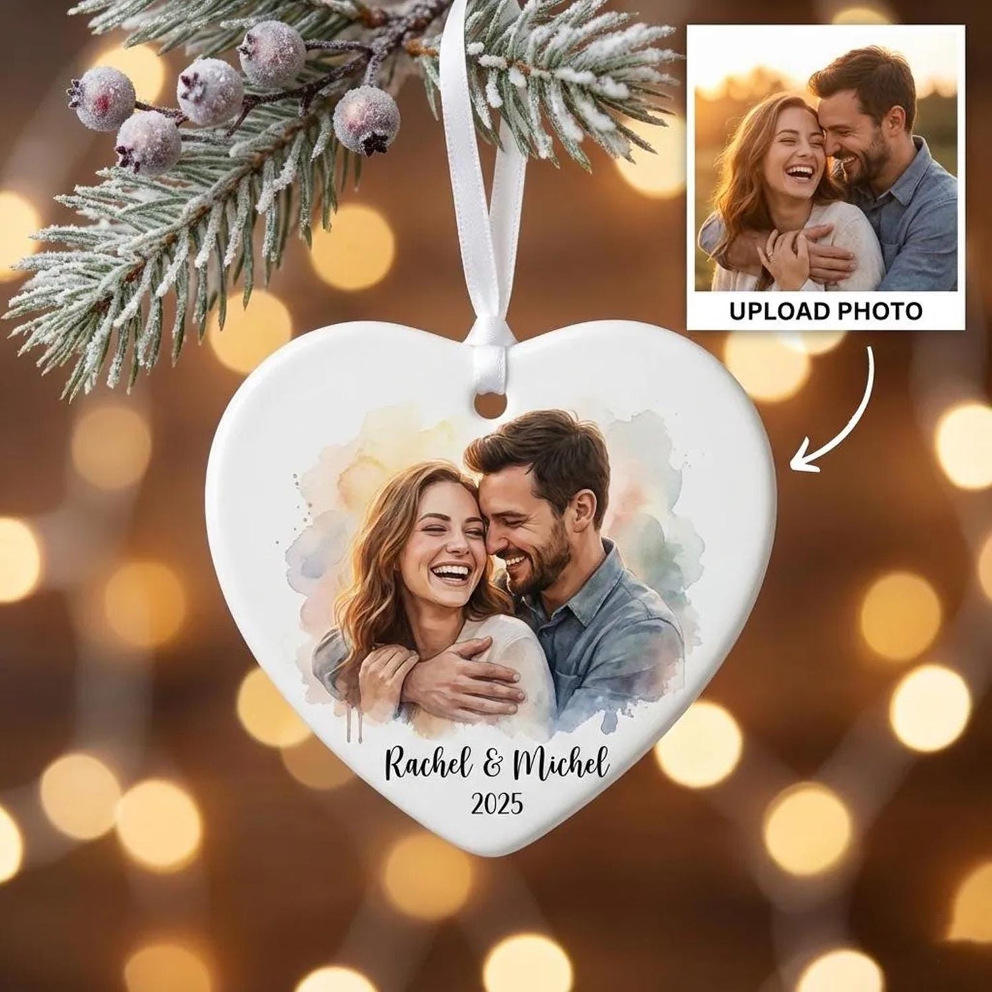 Personalized Photo Ceramic Ornament, Custom Watercolor Couple Portrait, First Christmas Married Gift, Newlywed Keepsake - product image 7