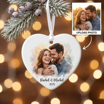 Personalized Photo Ceramic Ornament, Custom Watercolor Couple Portrait, First Christmas Married Gift, Newlywed Keepsake - product image 7