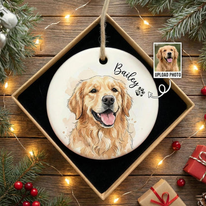 Custom Pet Photo Ornament, Personalized Watercolor Dog Cat Portrait Ceramic Ornament, Pet Memorial Christmas Gift - main product image