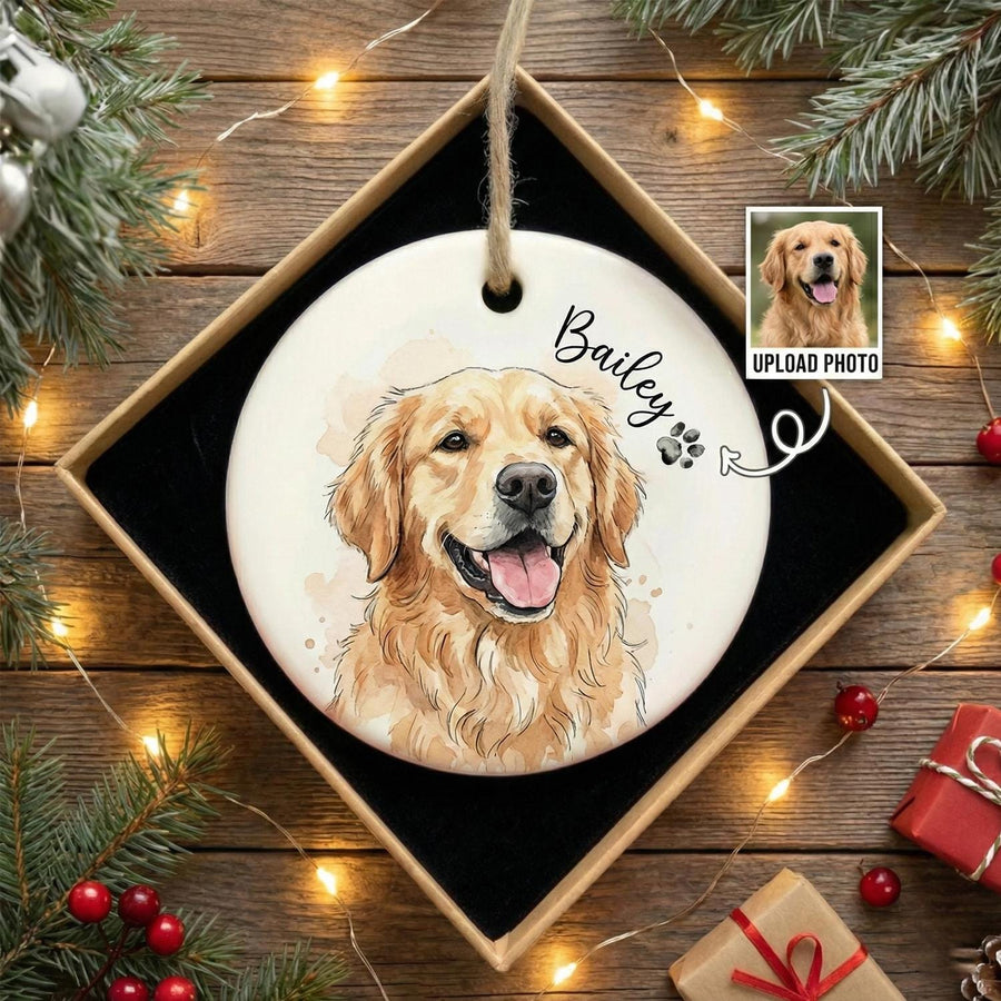 Custom Pet Photo Ornament, Personalized Watercolor Dog Cat Portrait Ceramic Ornament, Pet Memorial Christmas Gift - main product image