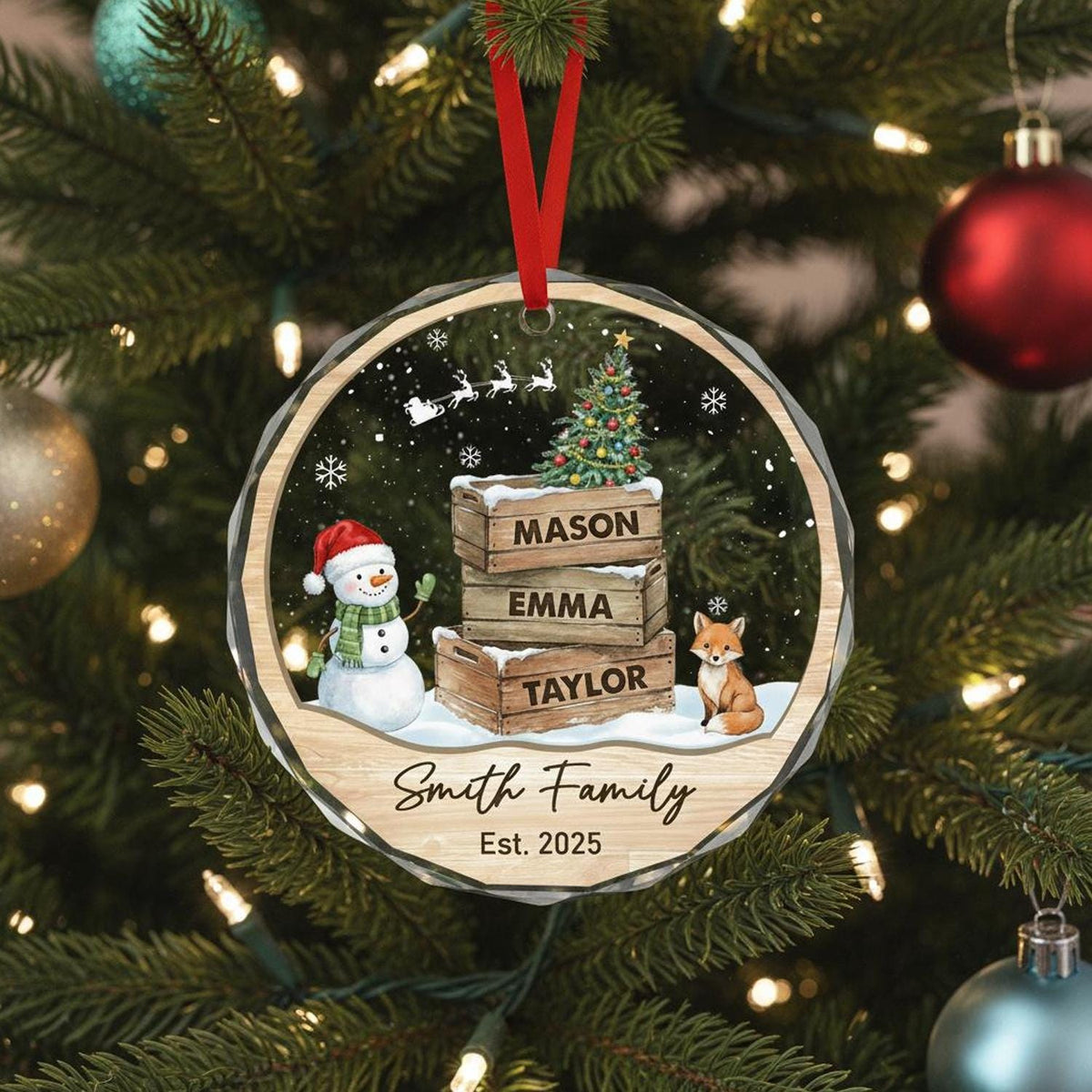 Personalized Family Glass Ornament, Custom Christmas Ornament with Kids Names, Family Name Established Year Keepsake Gift - main product image