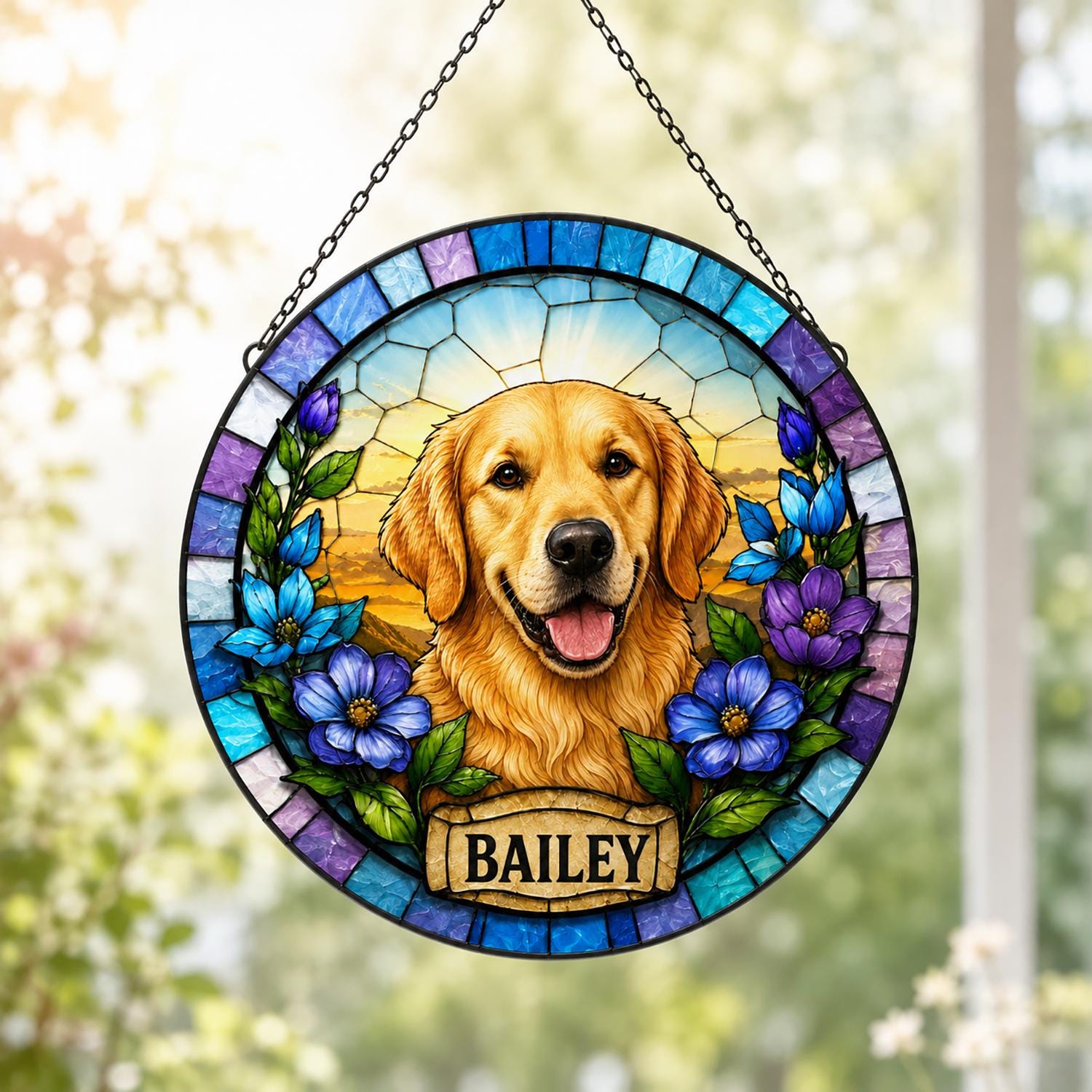 Personalized Dog Portrait Stained Glass Suncatcher, Custom Pet Memorial Stained Glass Photo Suncatcher, Dog Loss Keepsake, Pet Loss Gift - main product image
