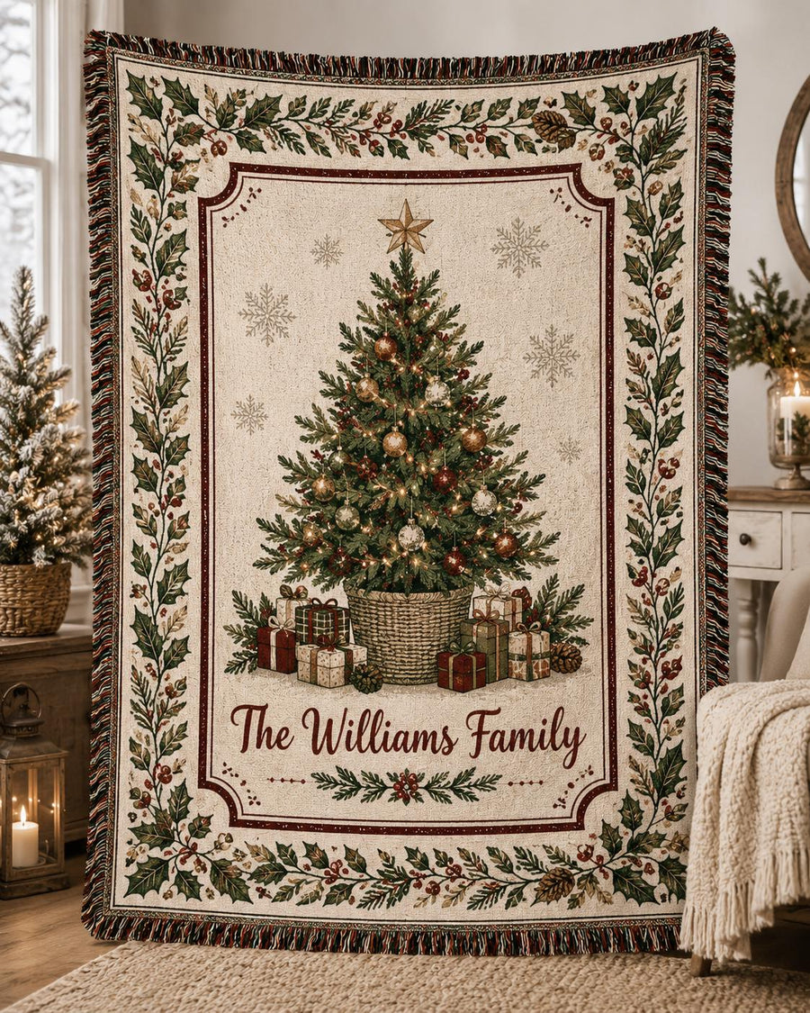 Personalized Christmas Tree Woven Blanket, Custom Family Name Holiday Throw, Vintage Holly Border Winter Home Decor Gift C2IQ13-RD - main product image
