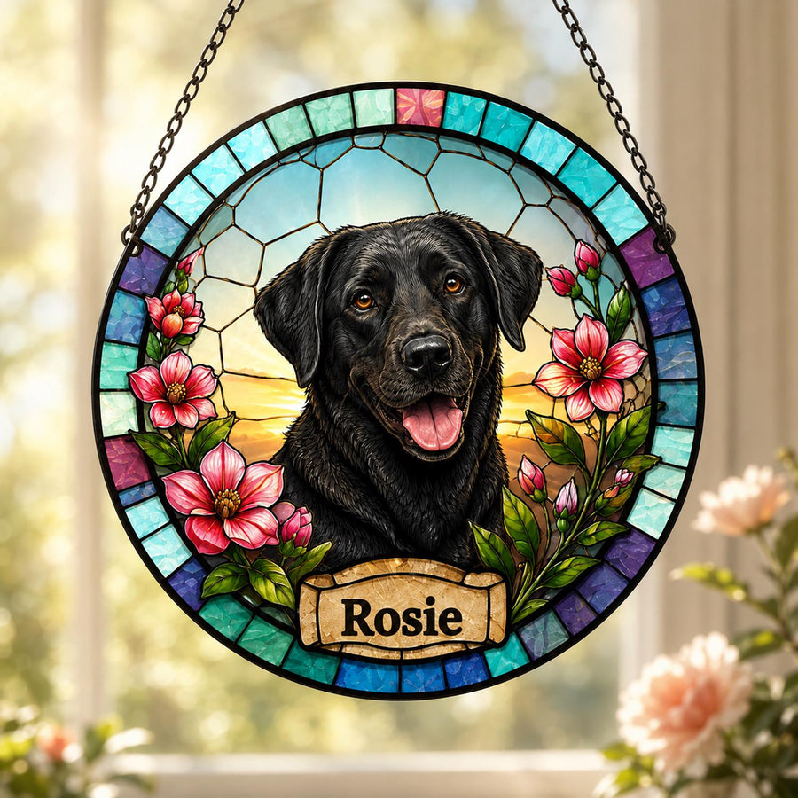Personalized Dog Portrait Stained Glass Suncatcher, Custom Pet Memorial Stained Glass Photo Suncatcher, Dog Loss Keepsake, Pet Loss Gift - main product image
