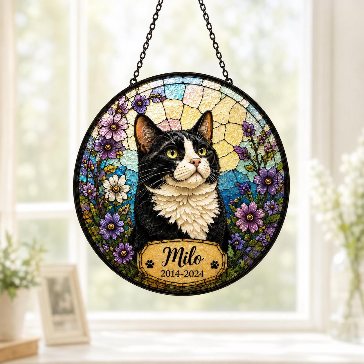Personalized Pet Memorial Suncatcher, Custom Dog Cat Portrait Stained Glass Window Hanging, Add Name Date, Pet Loss Gift - product image 6