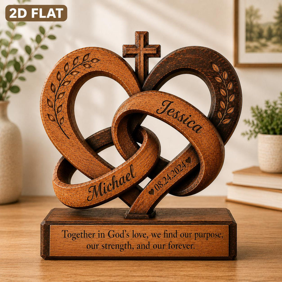 Personalized Christian Couple Wooden Block, Custom Interlocking Heart Cross Decor, Wedding Anniversary Gift, Religious Home Keepsake - main product image