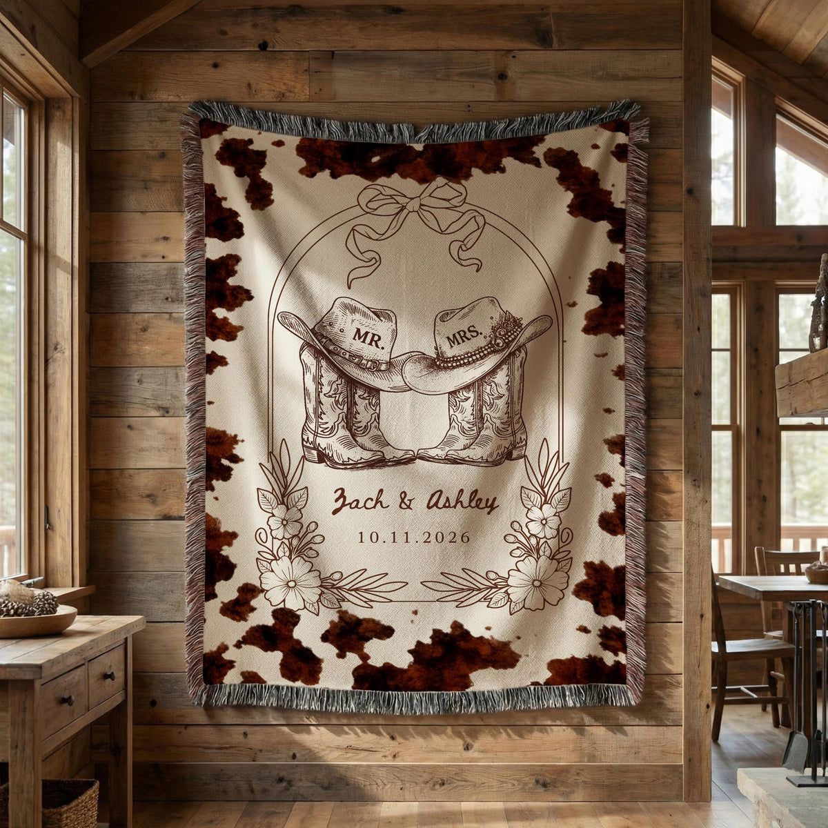 Western Wedding Blanket Custom With Names And Date, Cowboy Mr And Mrs Woven Throw, Rustic Bridal Shower Gift, Personalized Couple Present - product image 8