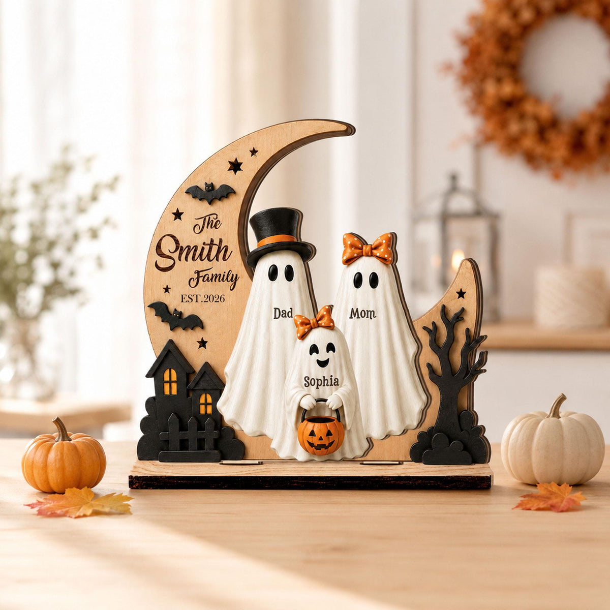 Personalized Ghost Family Layered Wooden Sign, Custom Family Name Halloween, Spooky House Decor, Halloween Shelf Decor,Family Halloween Gift - main product image