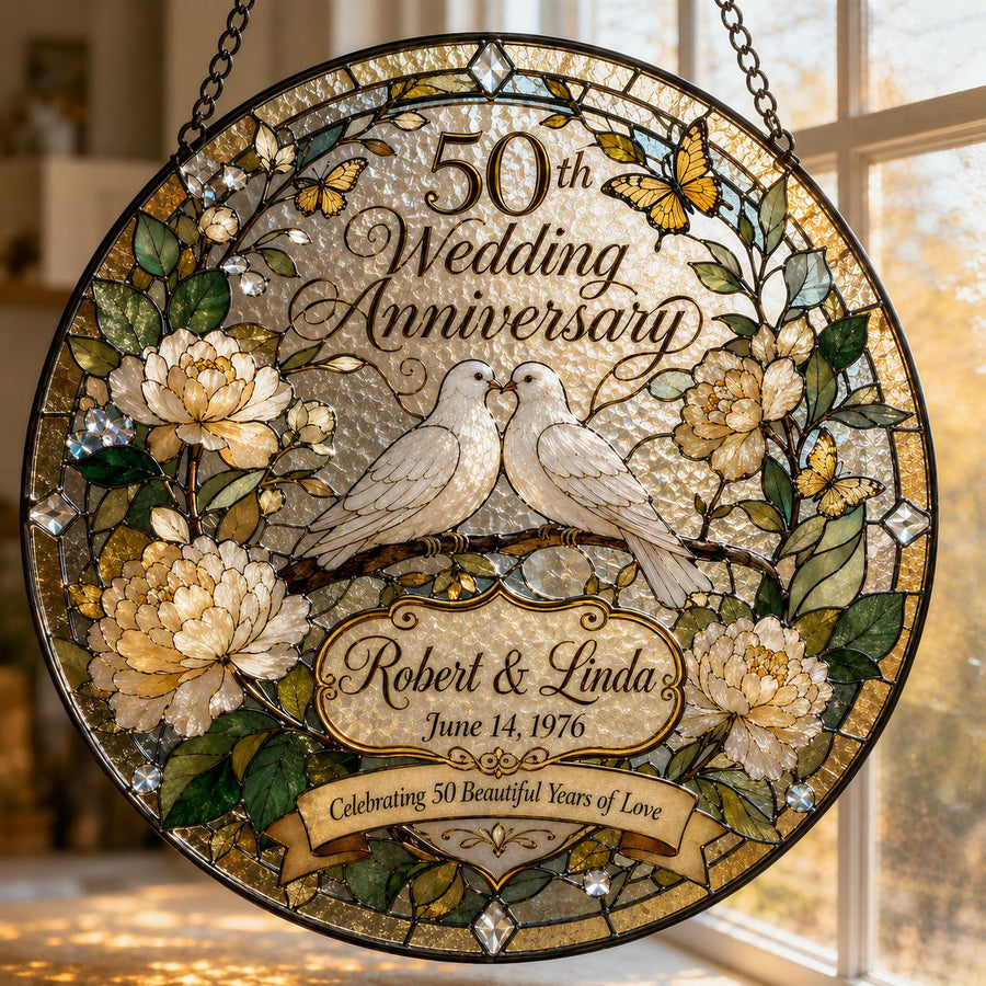 Personalized 50th Wedding Anniversary Suncatcher, Golden Anniversary Gift for Couple,Custom Stained Glass Style Window Hanging,Dove Keepsake - main product image