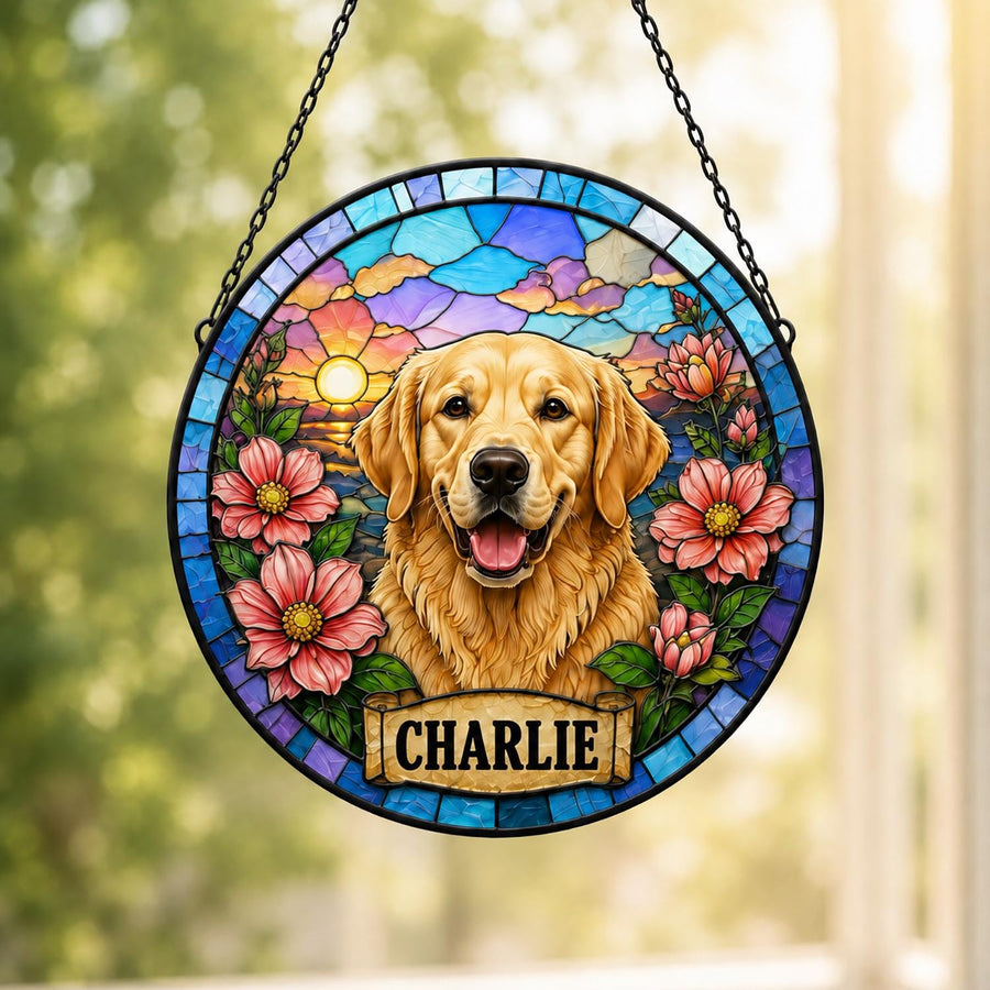 Personalized Dog Portrait Stained Glass Suncatcher, Custom Pet Memorial Stained Glass Photo Suncatcher, Dog Loss Keepsake, Pet Loss Gift - main product image