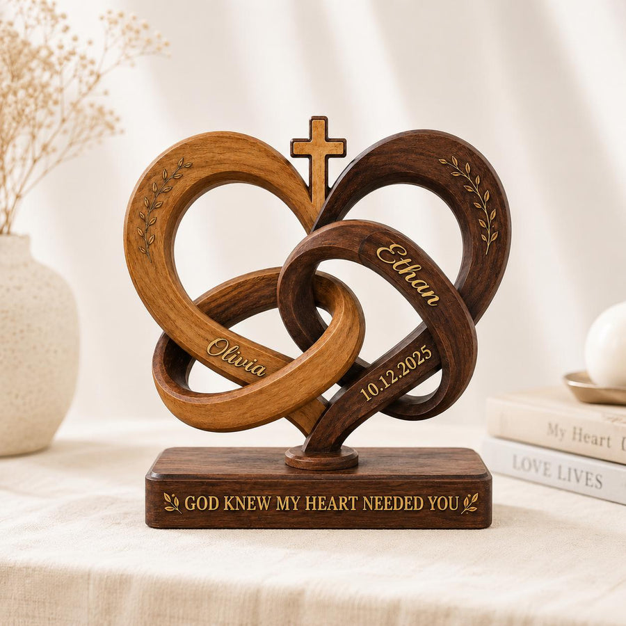 Personalized Christian Couple 2D Wooden Block, Interlocking Heart Cross Sculpture, Wedding Anniversary Gift, God Knew My Heart Needed You - main product image