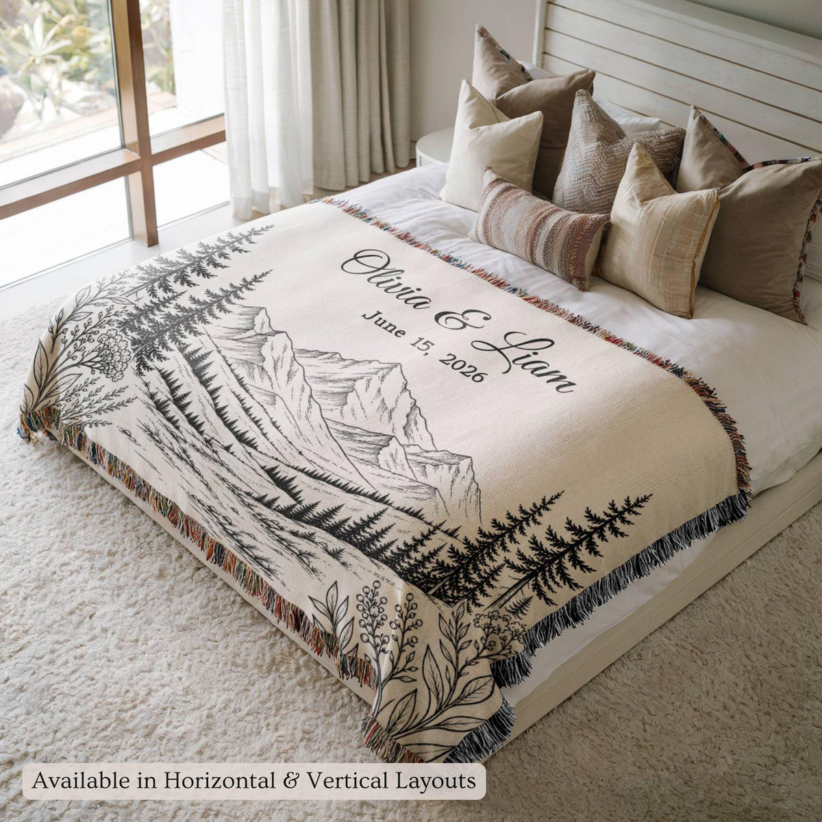 Personalized Mountain Woven Blanket, Custom Couple Name Date Throw, Forest Wedding Gift, Cotton Anniversary Gift for Couples Nature Lovers - product image 7