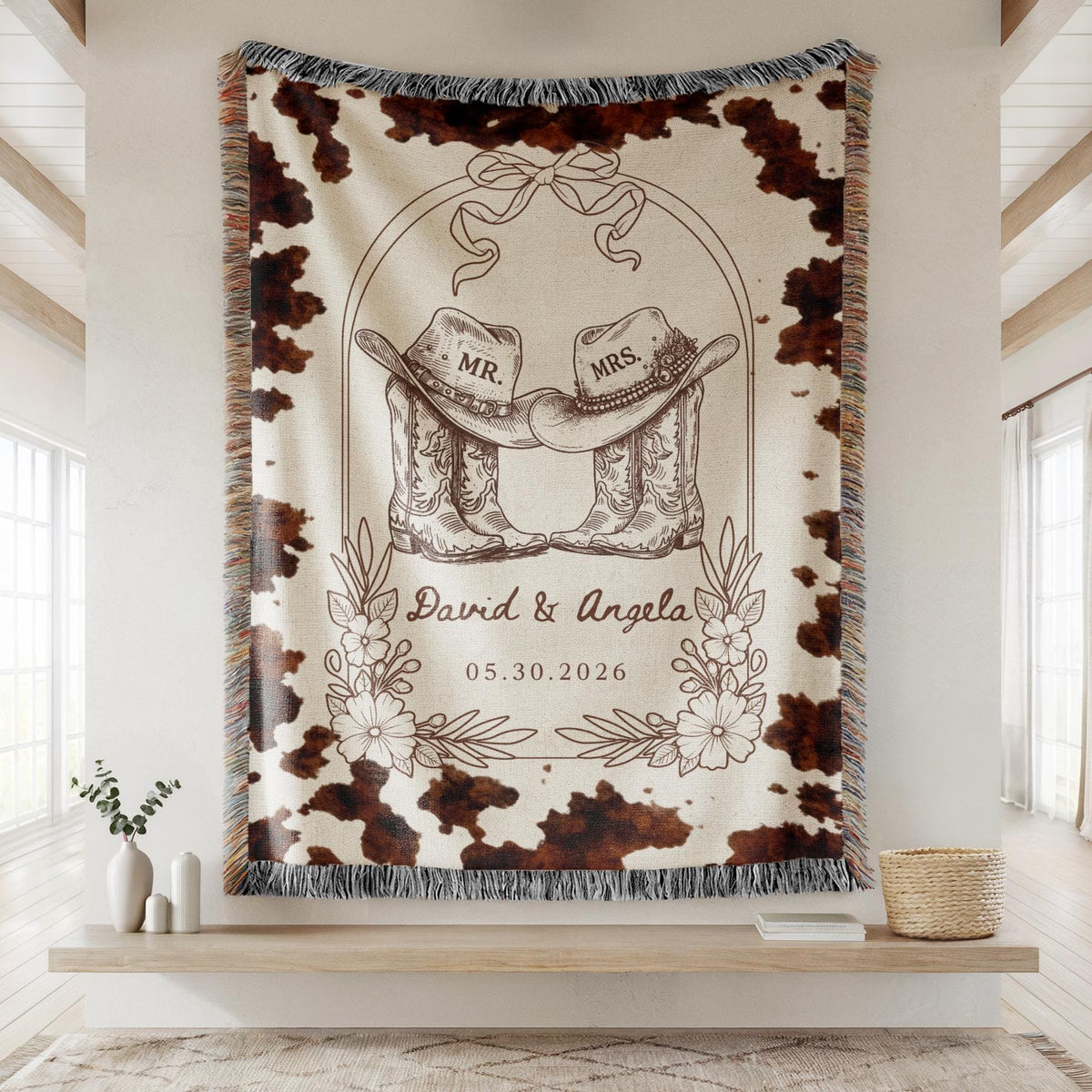 Western Wedding Blanket Custom With Names And Date, Cowboy Mr And Mrs Woven Throw, Rustic Bridal Shower Gift, Personalized Couple Present - main product image