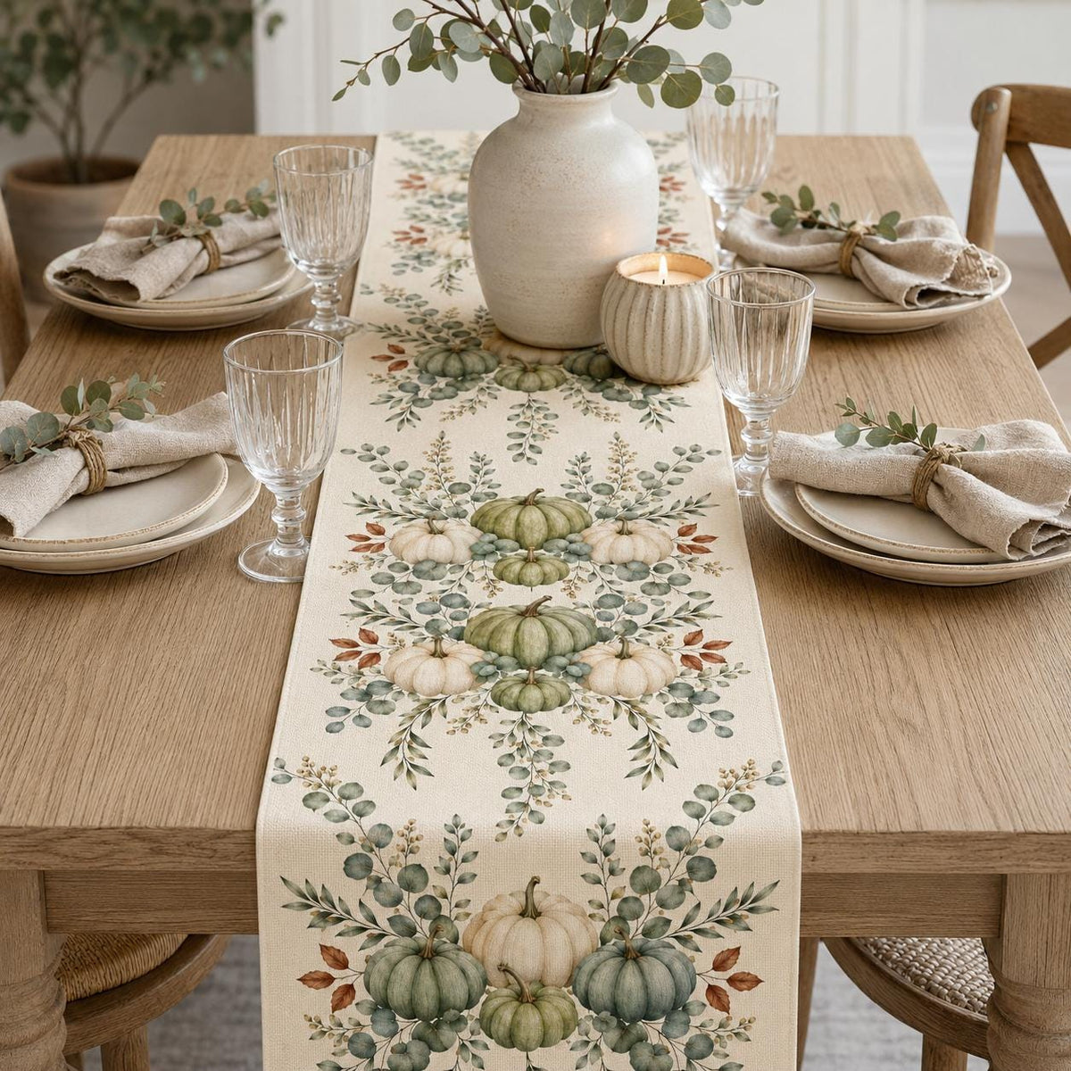 Sage Green Pumpkin Table Runner, Fall Eucalyptus Botanical Runner, Neutral Thanksgiving Decor, Farmhouse Cottagecore Table Decor - main product image