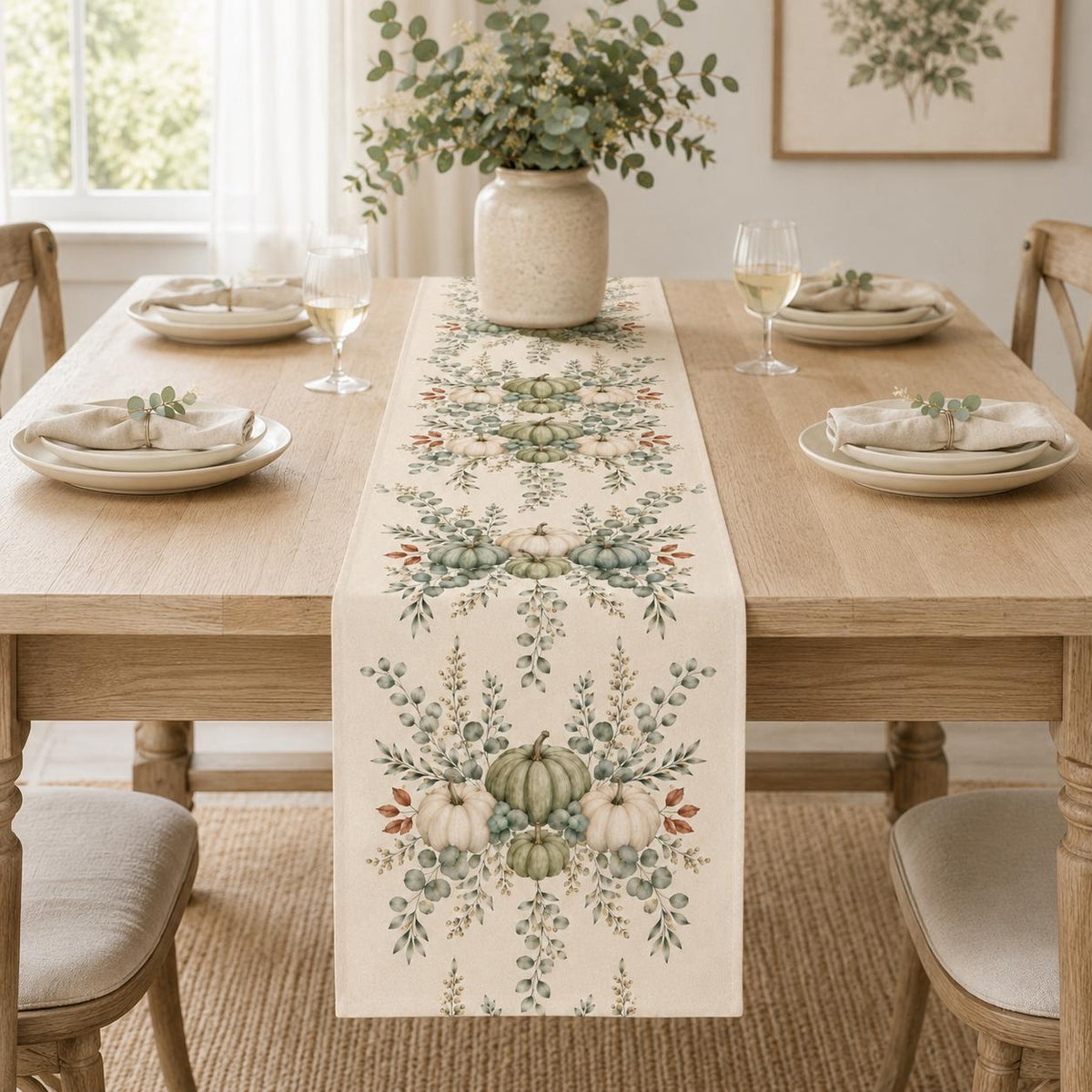 Sage Green Pumpkin Table Runner, Fall Eucalyptus Botanical Runner, Neutral Thanksgiving Decor, Farmhouse Cottagecore Table Decor - product image 2