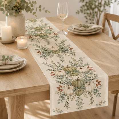 Sage Green Pumpkin Table Runner, Fall Eucalyptus Botanical Runner, Neutral Thanksgiving Decor, Farmhouse Cottagecore Table Decor - product image 3