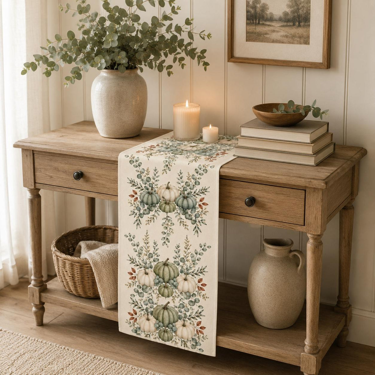 Sage Green Pumpkin Table Runner, Fall Eucalyptus Botanical Runner, Neutral Thanksgiving Decor, Farmhouse Cottagecore Table Decor - product image 6