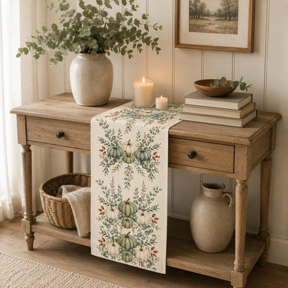 Sage Green Pumpkin Table Runner, Fall Eucalyptus Botanical Runner, Neutral Thanksgiving Decor, Farmhouse Cottagecore Table Decor - product image 6
