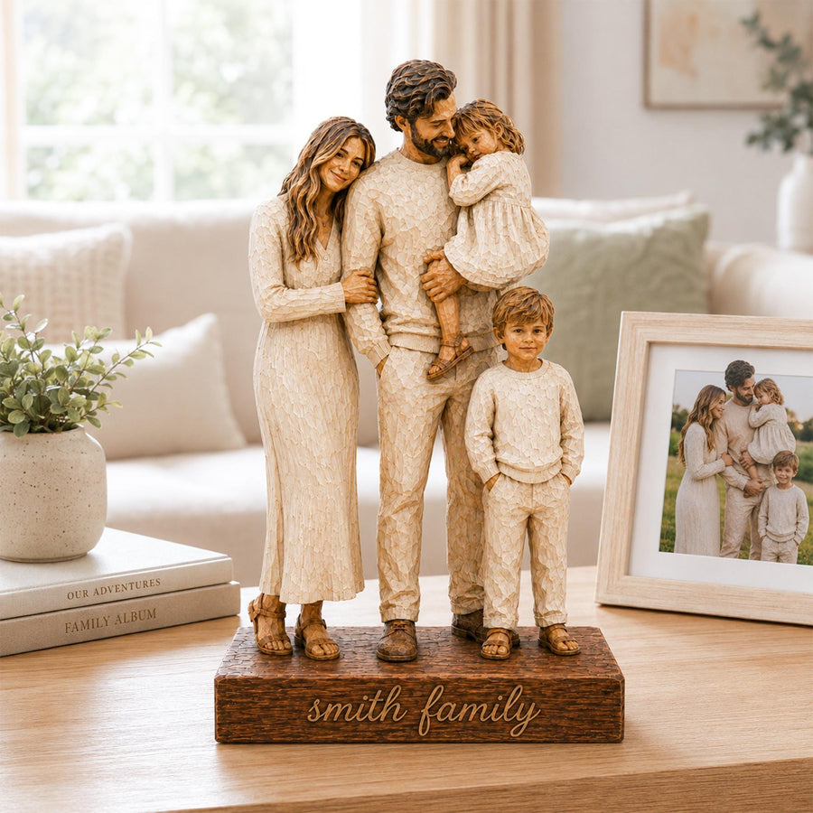 Personalized Custom Photo Figurine, Wooden Family Portrait Statue, Custom Couple Photo Gift, Anniversary Gift For Parents, Wedding Keepsake - main product image
