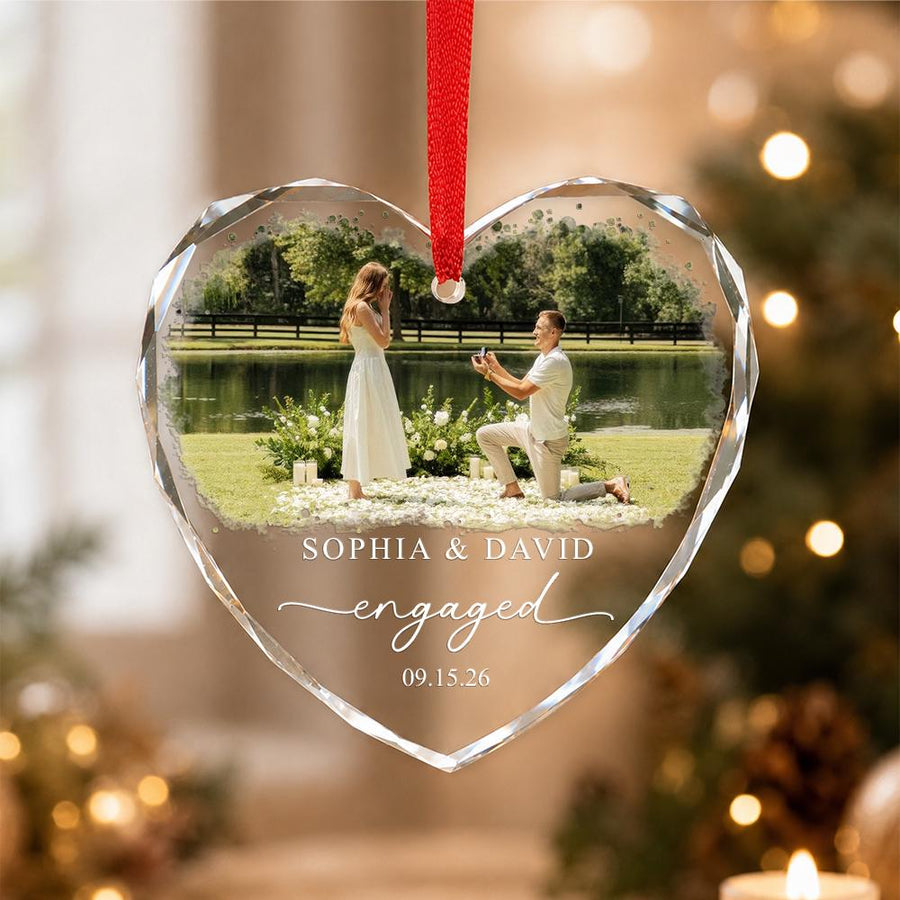 Custom Engagement Ornament, Photo Couple Gift, Anniversary Gift for Newlyweds, Wedding Keepsake, Our First Christmas Engaged Photo Ornament - main product image